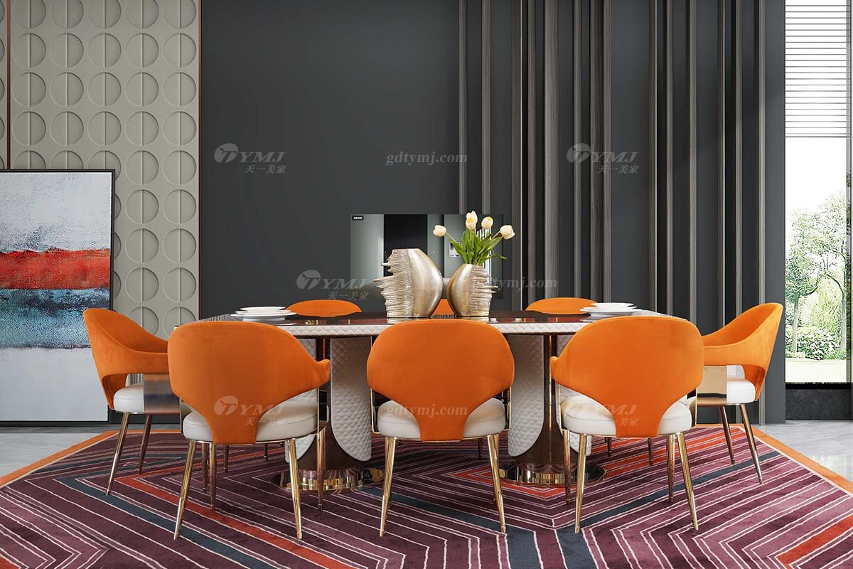 簡美輕奢風格家具高端別墅會所家具品牌餐廳時尚橙色皮藝+金屬餐椅3025-311餐椅場景