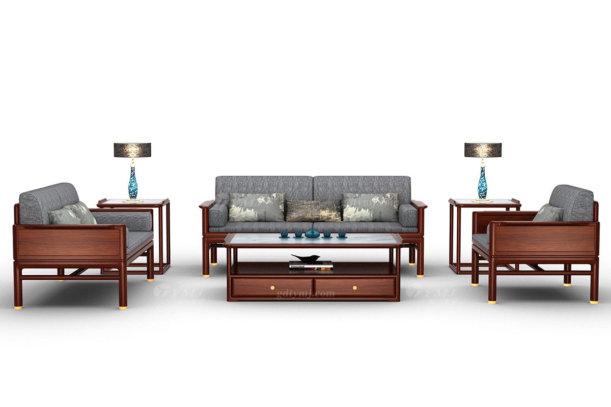 時尚新中式辦公家具風格品牌家具高端簡約大氣刺猬紫檀實木+布藝單位沙發運籌帷幄單位沙發場景