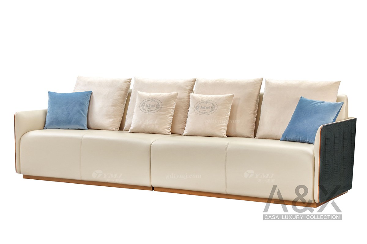 輕奢后現代風格家具高端會所別墅家具品牌時尚大氣皮藝+莫蘭迪蘭亮光四位沙發CX840-4四位沙發1