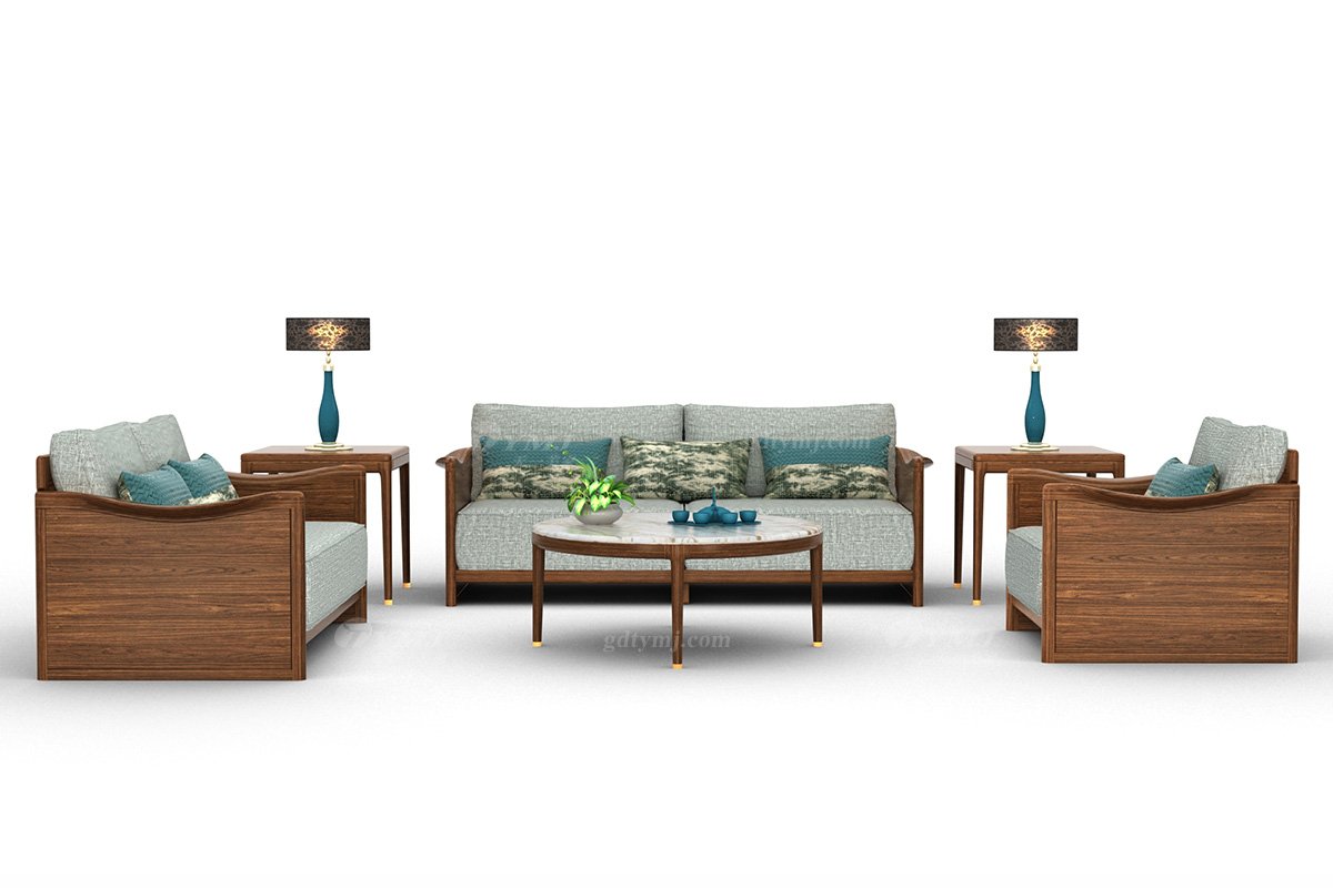 新中式家具風格高端別墅家具品牌簡約風格客廳極簡實木+布藝二位沙發H-XMSF-2二位沙發場景