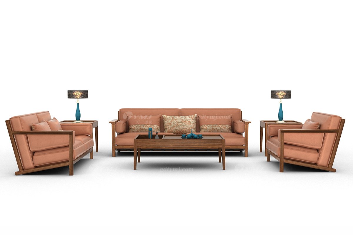 新中式家具風格高端別墅家具品牌簡約風格客廳棕色生態皮藝二人沙發H-XYSF2二人沙發場景
