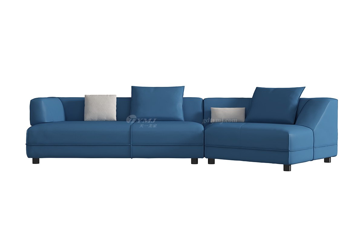 極簡風格家具別墅會所舒適實木進口頭層黃牛皮藍色轉角沙發