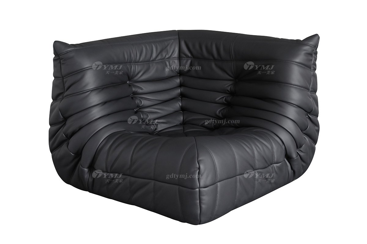 極簡風格家具高端別墅會所大宅簡約黑色半皮轉角沙發