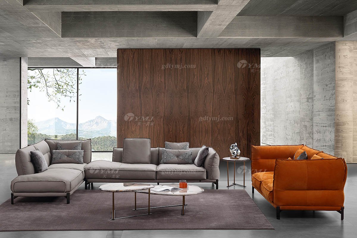 時尚高端現代極簡家具別墅大宅家用舒適全皮橙色雙人位沙發全皮雙位沙發