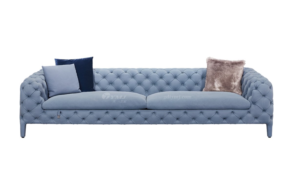 時尚高端現代極簡家具別墅大宅大戶型舒適大氣藍色拉扣全皮三位沙發