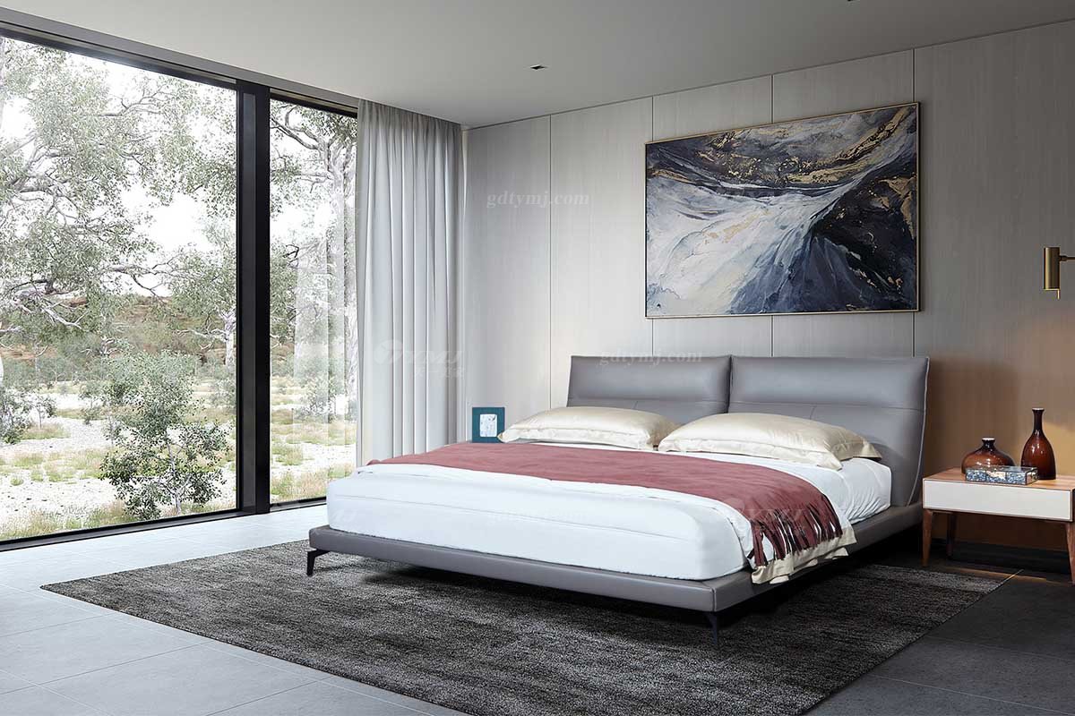  現代簡約家具高端別墅會所家用時尚舒適灰色皮藝大床婚床雙人床A2262場景