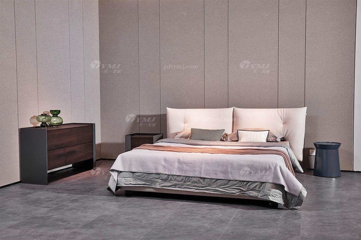  現代簡約家具高端別墅會所家用時尚舒適米白色皮藝大床婚床雙人床A2512場景