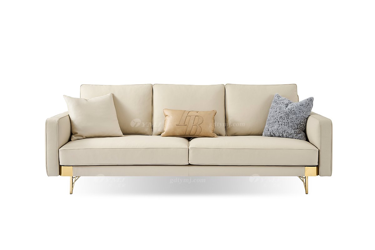 意式輕奢家具高端別墅會(huì)所家用時(shí)尚高級(jí)金屬腳灰色真皮三位沙發(fā)