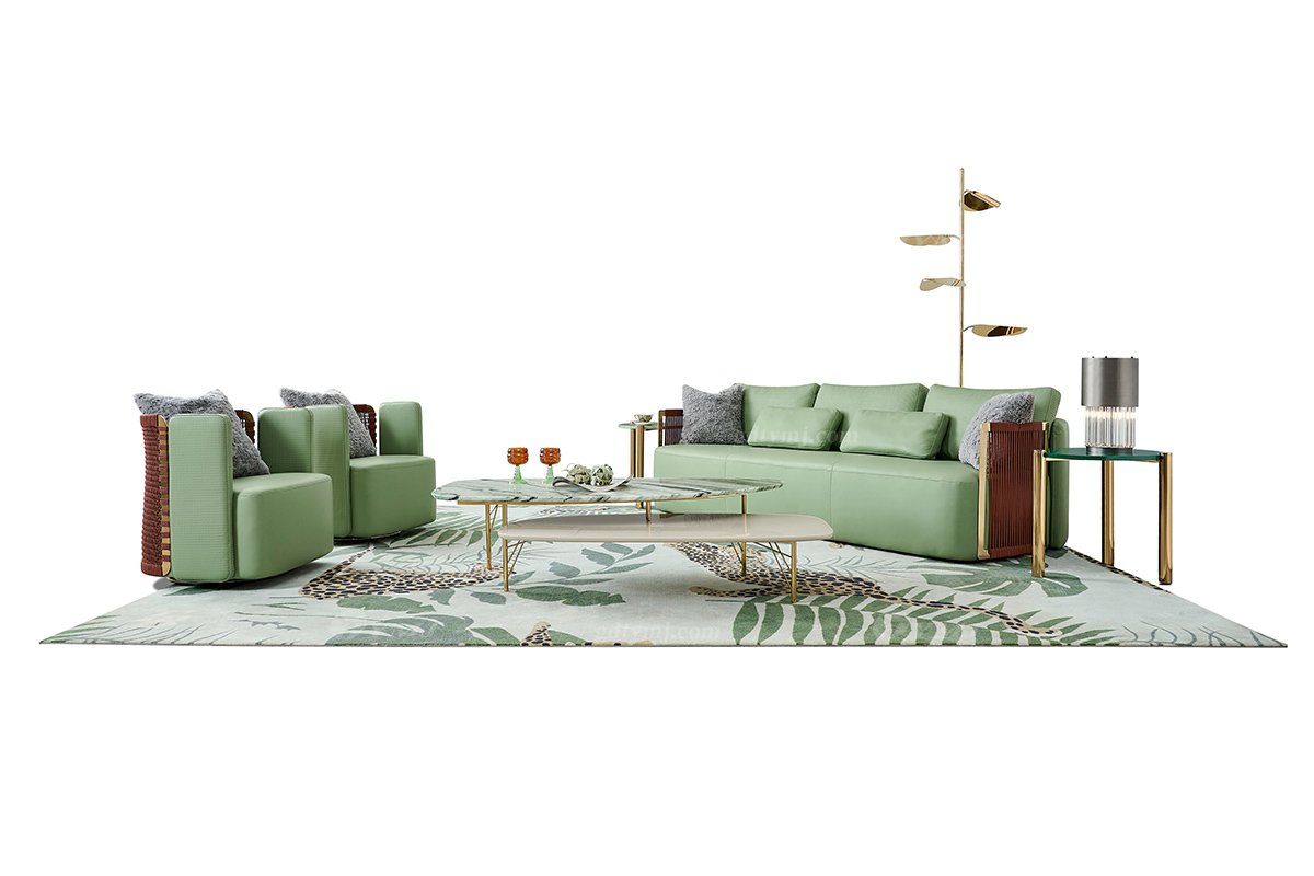 意式輕奢家具高端別墅會所家用時尚舒適綠色皮藝三位沙發FB125SF3場景