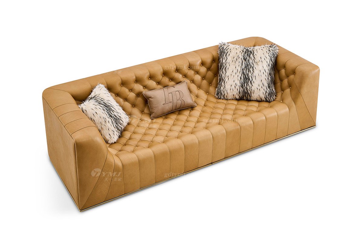 意式輕奢家具高端別墅會(huì)所家用時(shí)尚舒適大氣豪宅金屬+黃色拉扣四位沙發(fā)FB133SF4-2