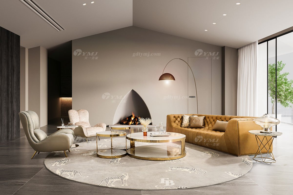 意式輕奢家具高端別墅會(huì)所家用時(shí)尚舒適大氣豪宅金屬+黃色拉扣四位沙發(fā)FB133SF4場景