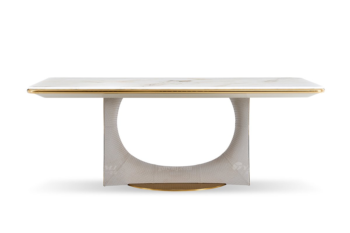 意式輕奢家具高端別墅會(huì)所大宅家用奢華大氣編織紋皮+大理石2.4米長(zhǎng)餐臺(tái)