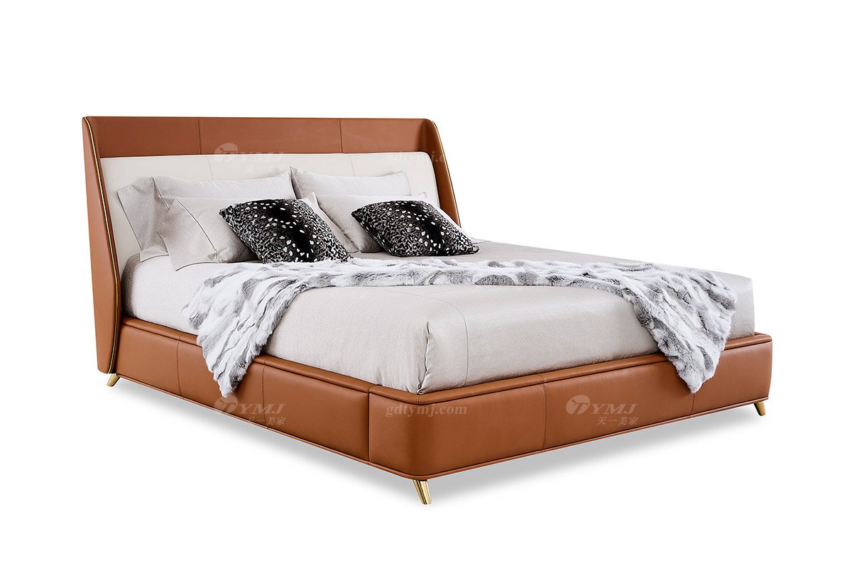 意式輕奢家具高端別墅會所大宅家用時尚奢華鈦金屬橙色真皮1.8米大床118B21M床1