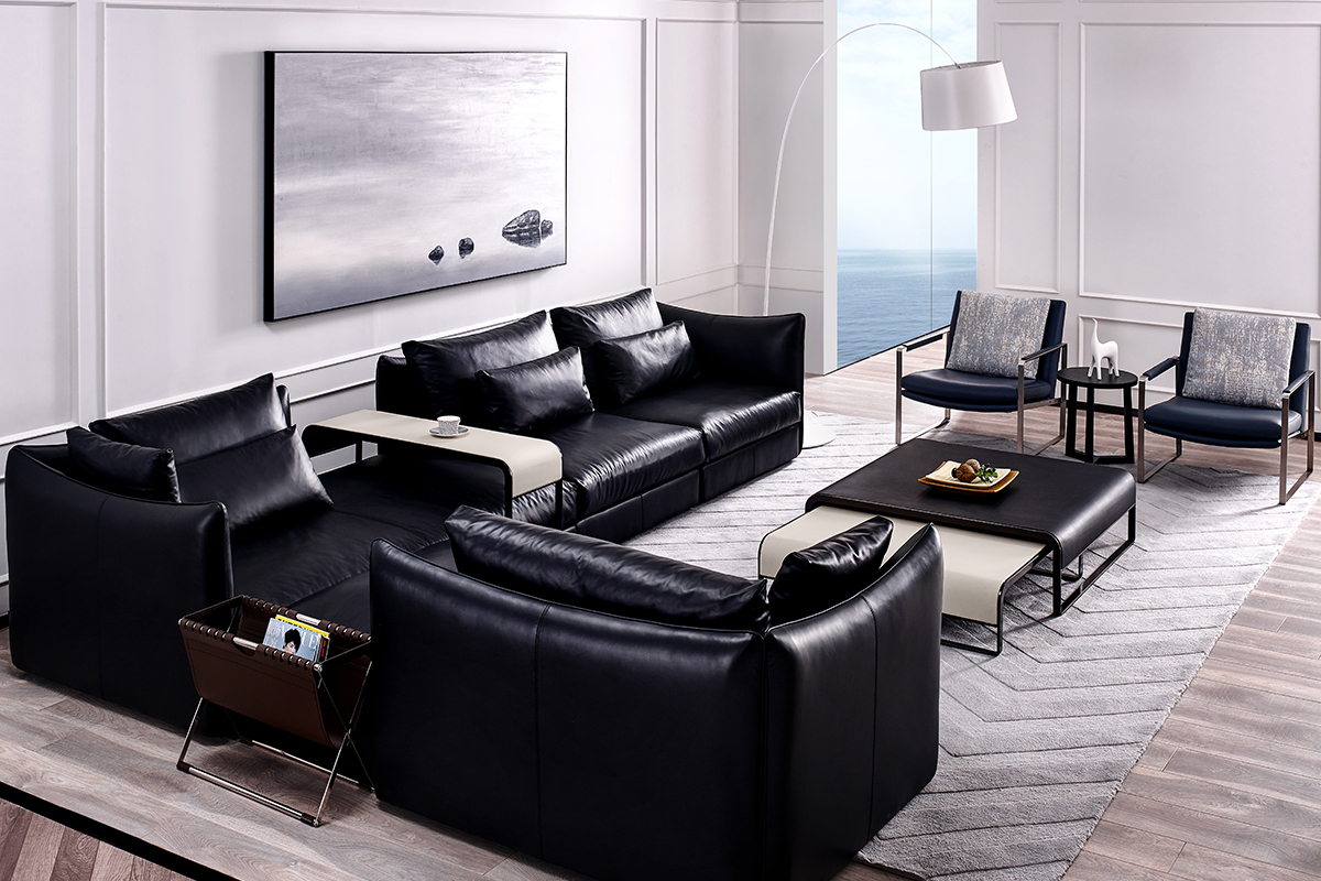 現代簡約真皮黑色沙發