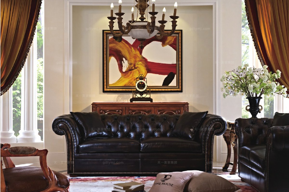 美式鄉村拉扣真皮沙發